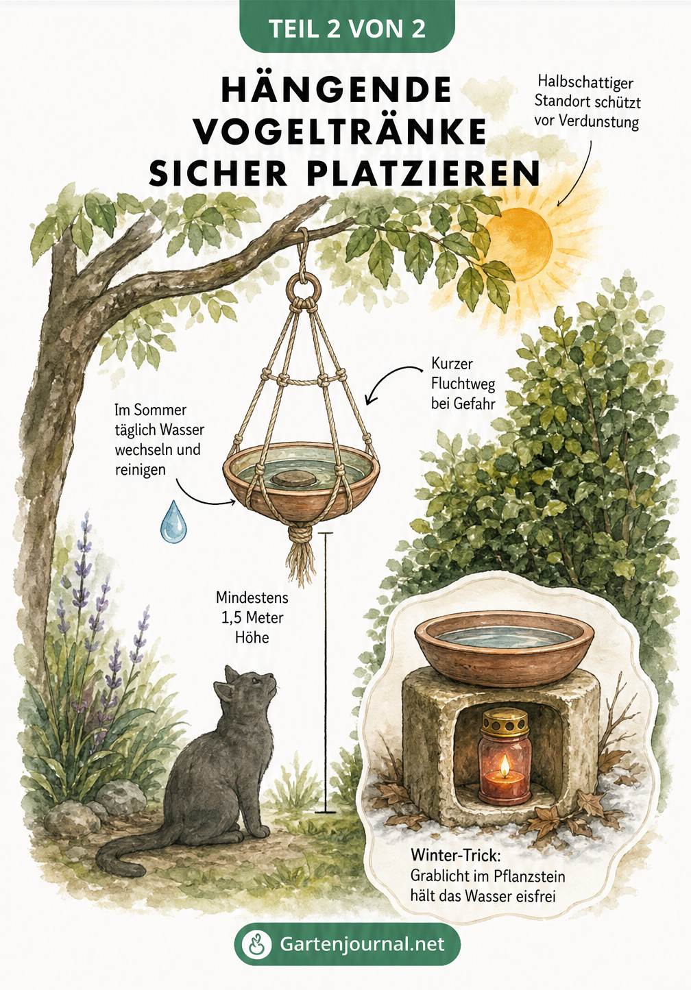 Illustration einer hängenden Vogeltränke im Garten mit Katze am Boden und Winter-Trick mit Grablicht