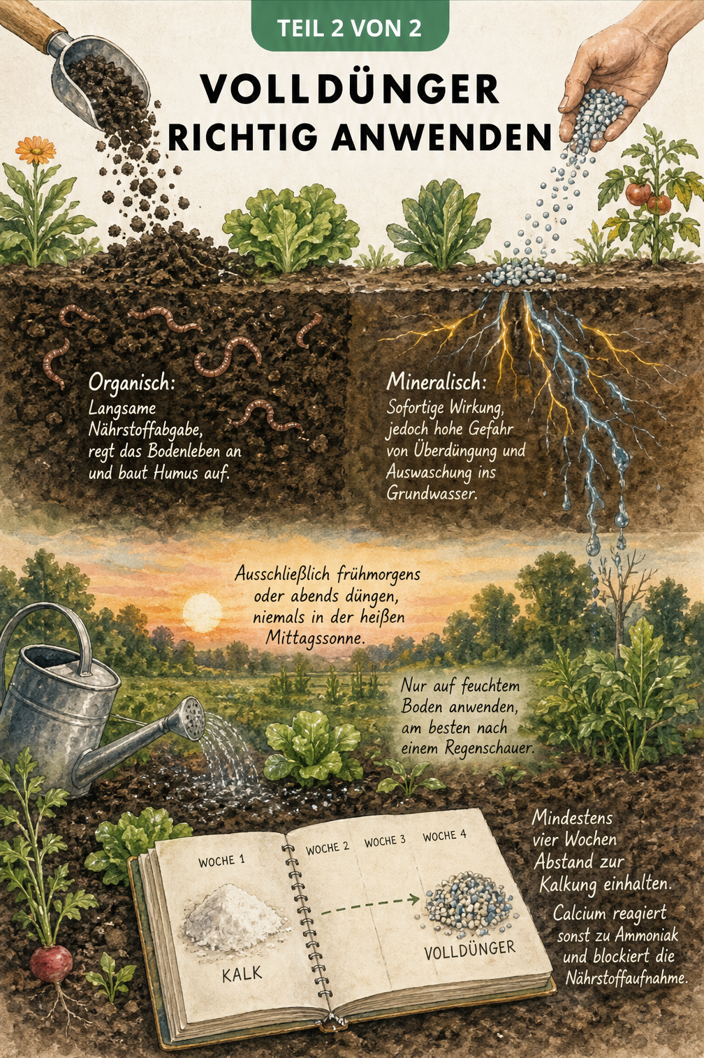 Illustration eines Gartenbodens, die organischen und mineralischen Dünger sowie die richtige Anwendung vergleicht