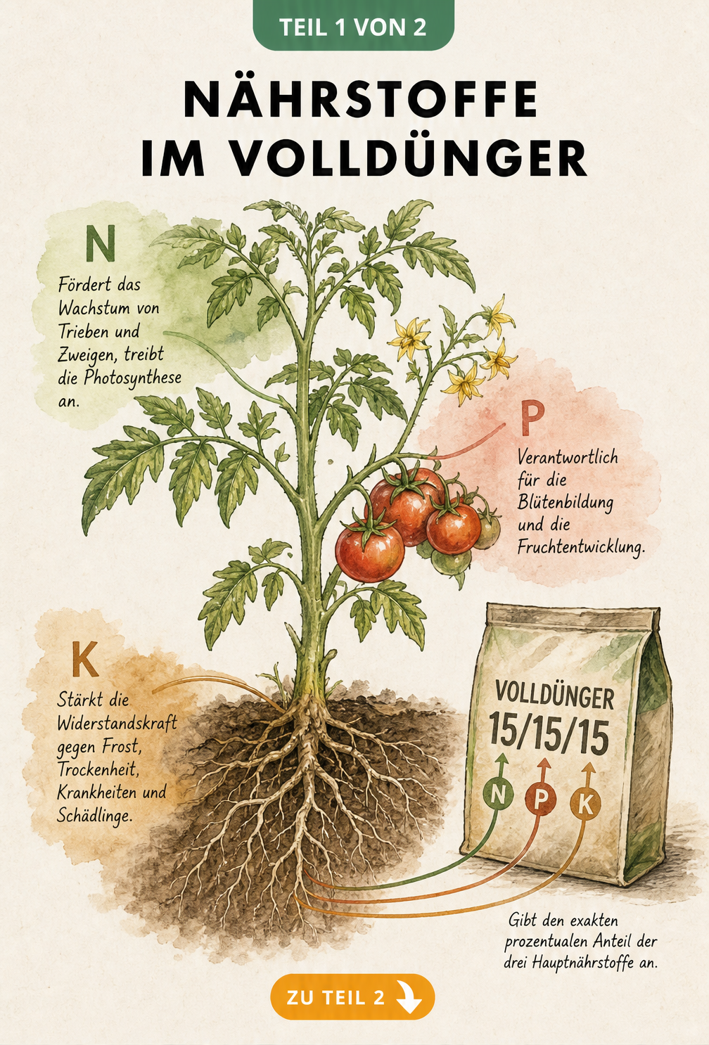 Botanische Illustration einer Gemüsepflanze mit Markierungen für Stickstoff, Phosphor und Kalium