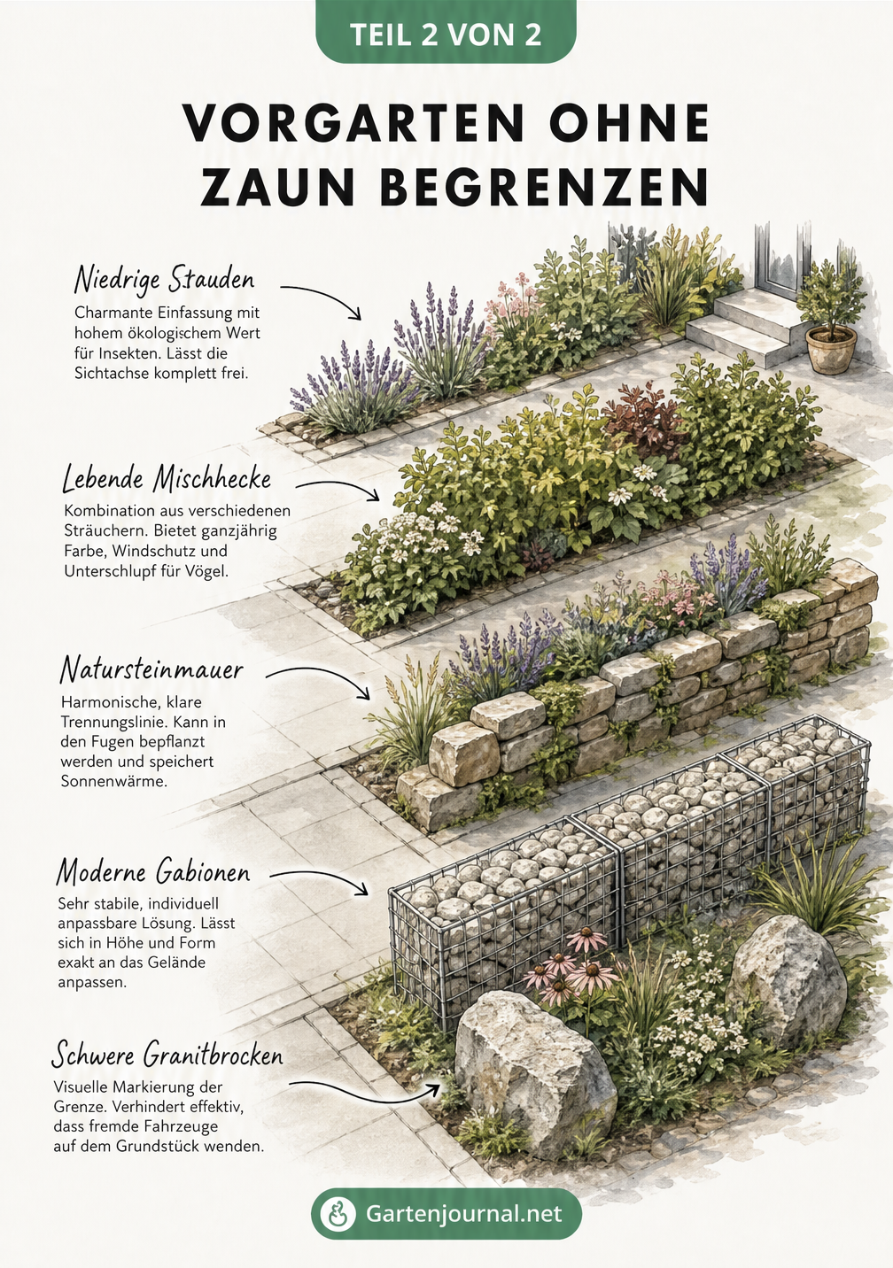 Isometrische Architektur-Skizze mit fünf verschiedenen Begrenzungen für den Vorgarten: Stauden, Hecke, Natursteinmauer, Gabionen und Granitbrocken