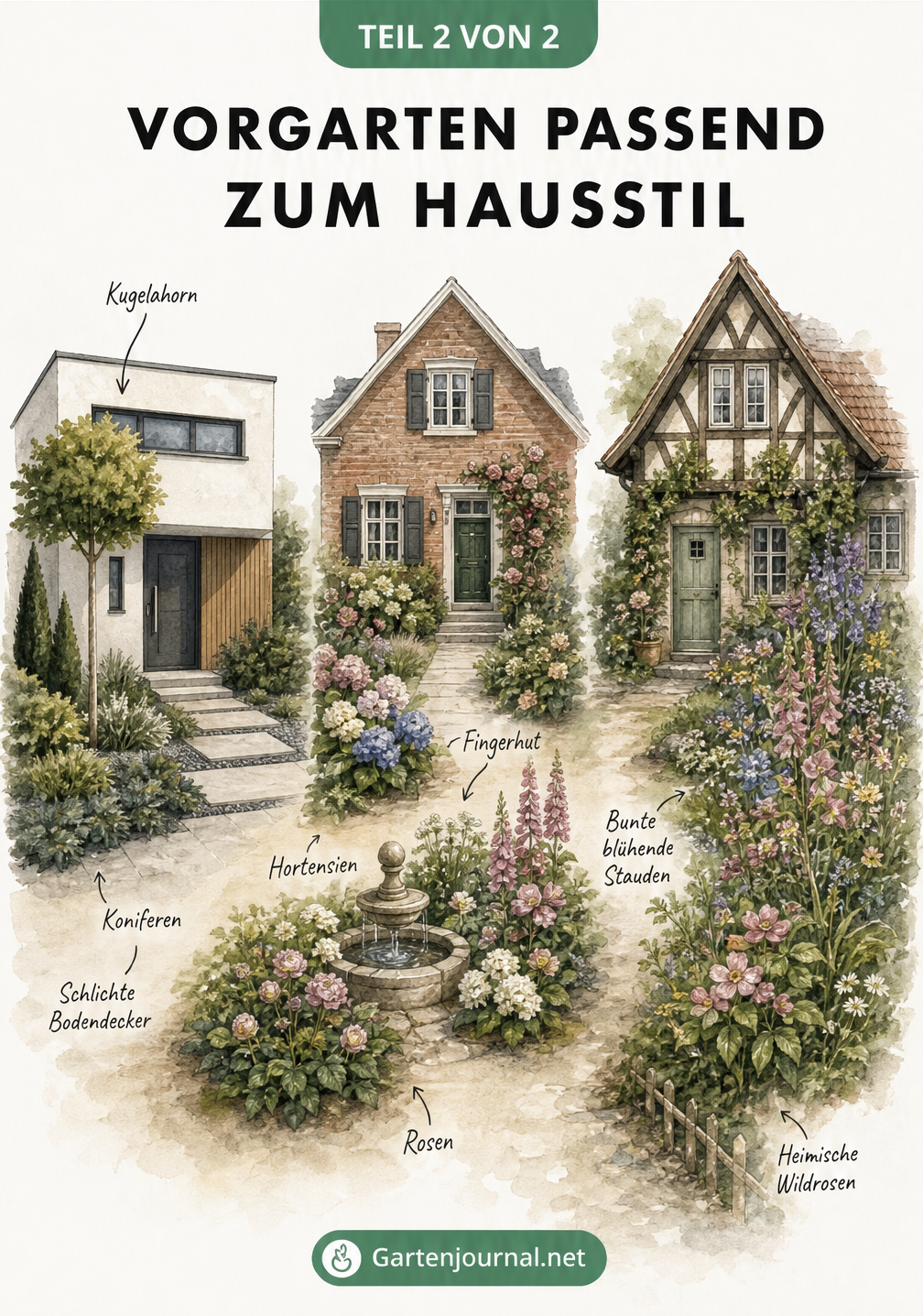 Drei Hausfassaden im Skizzen-Stil mit passender Vorgartengestaltung: modern mit Kugelahorn, klassisch mit Hortensien und traditionell mit Wildrosen.