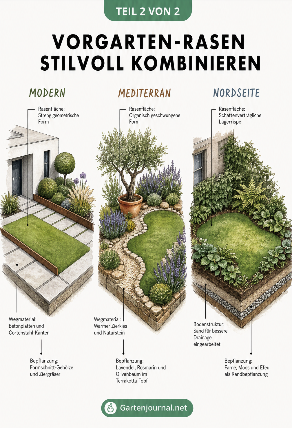 Infografik zu drei Gestaltungsstilen für den Vorgarten-Rasen: Modern, Mediterran und Nordseite