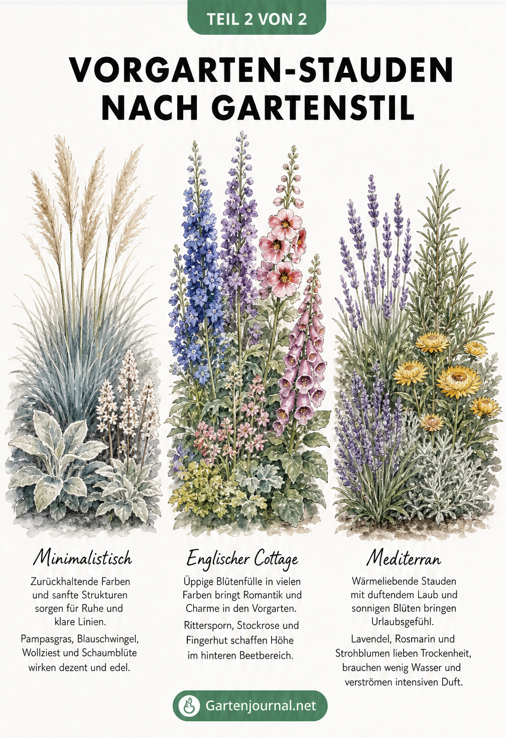 Aquarell-Illustration von drei Gartenstilen: minimalistisch mit Pampasgras, englischer Cottage-Garten mit Rittersporn und mediterraner Garten mit Lavendel.