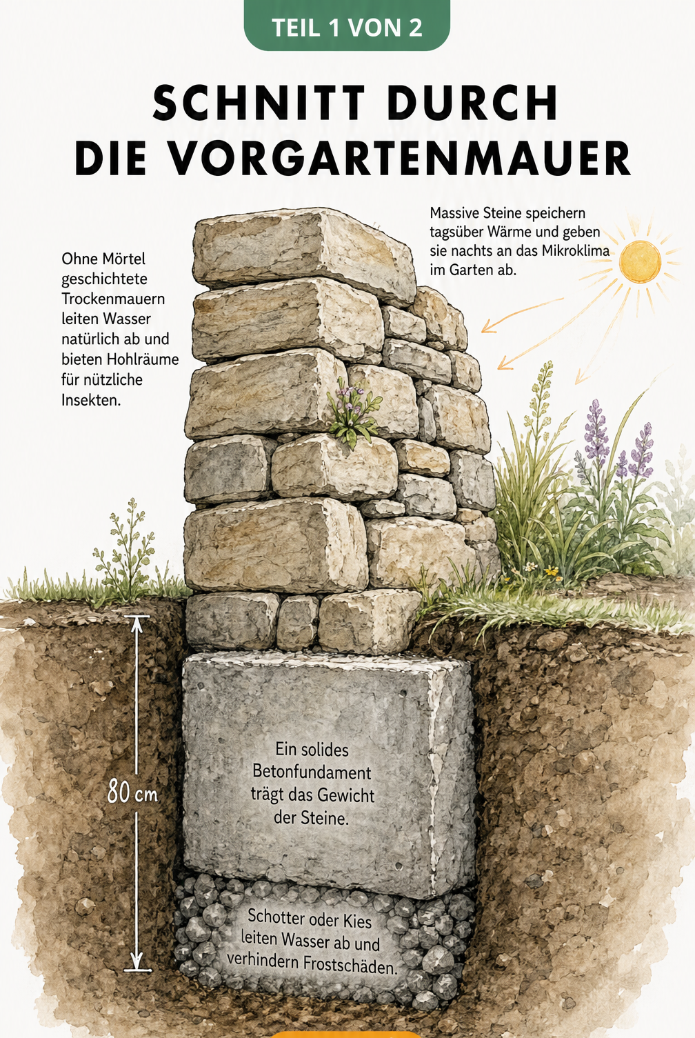 Querschnitt einer massiven Natursteinmauer im Vorgarten mit Fundament und Drainageschicht