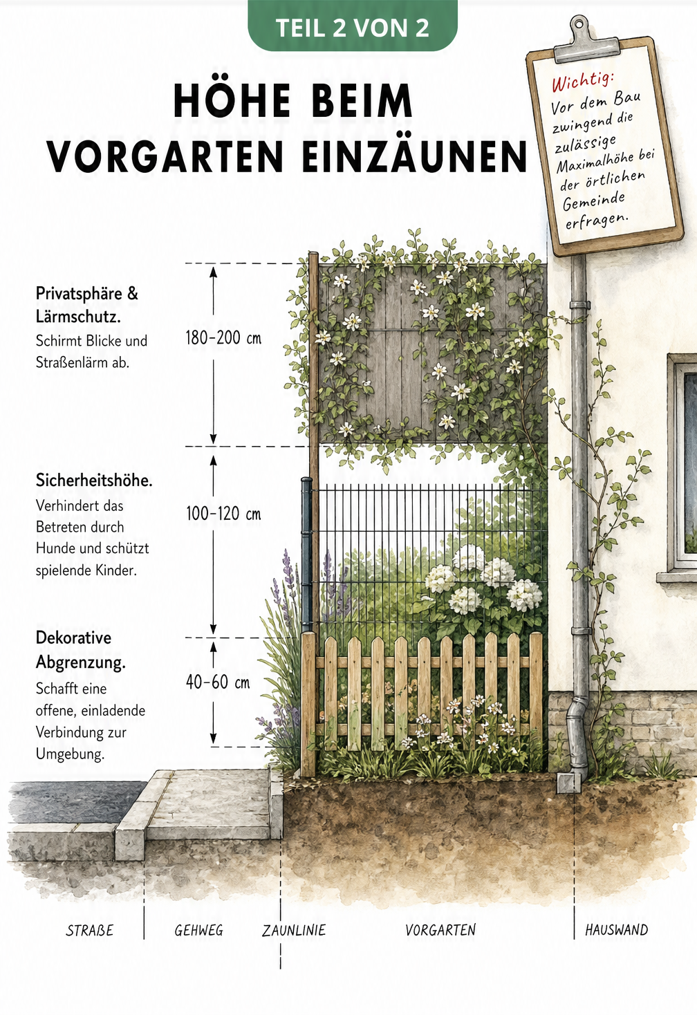 Querschnitt eines Vorgartens mit drei Zaunhöhen: niedriger Holzzaun, halbhoher Doppelstabmattenzaun und hoher Sichtschutzzaun.