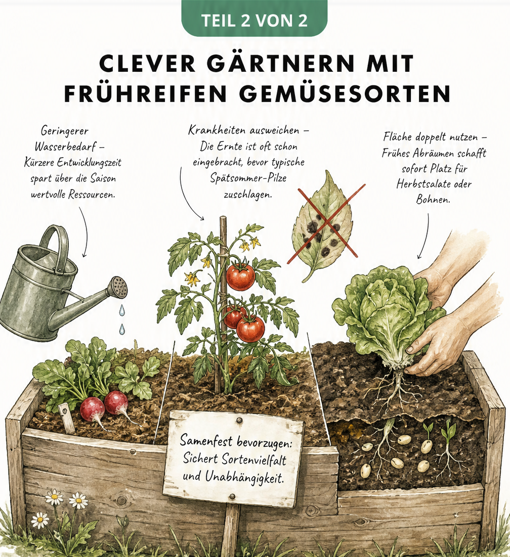 Isometrische Illustration eines Hochbeets, die Vorteile früher Gemüsesorten wie Wasserersparnis, Krankheitsvermeidung und doppelte Flächennutzung zeigt