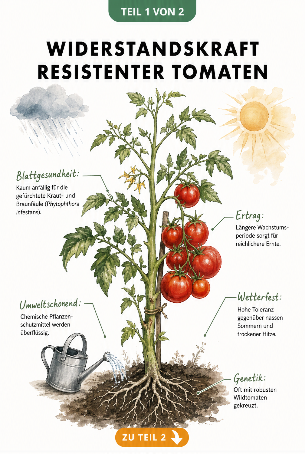 Illustration einer Tomatenpflanze mit Erklärungen zu Genetik, Blattgesundheit, Ertrag und Wetterfestigkeit resistenter Sorten