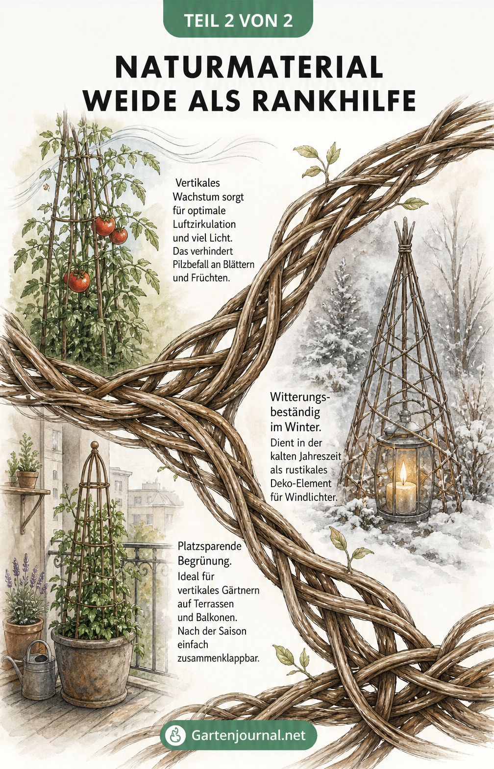 Illustration eines Weidengeflechts mit drei Gartenszenen: Tomatenpflanze mit guter Luftzirkulation, winterliche Weidenpyramide mit Windlicht und platzsparender...