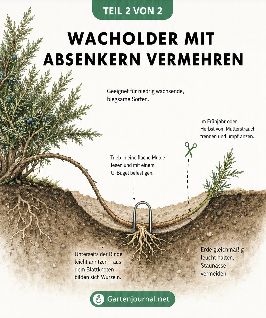 Erdschnitt-Illustration eines Wacholdertriebs, der als Absenker in einer flachen Mulde mit einem Drahtbügel fixiert ist und neue Wurzeln bildet.