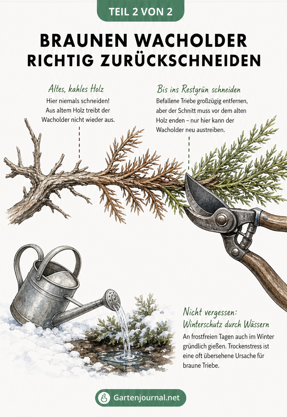 Zeichnung eines Wacholderastes, der mit einer Gartenschere vor dem alten Holz zurückgeschnitten wird, sowie eine Gießkanne im Schnee