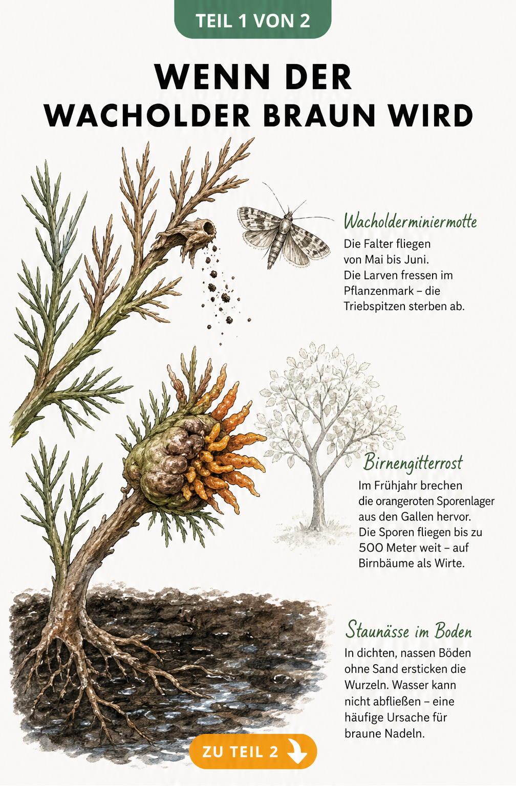 Botanische Zeichnung eines Wacholderzweigs mit Schadbildern von Wacholderminiermotte, Birnengitterrost und Staunässe an den Wurzeln