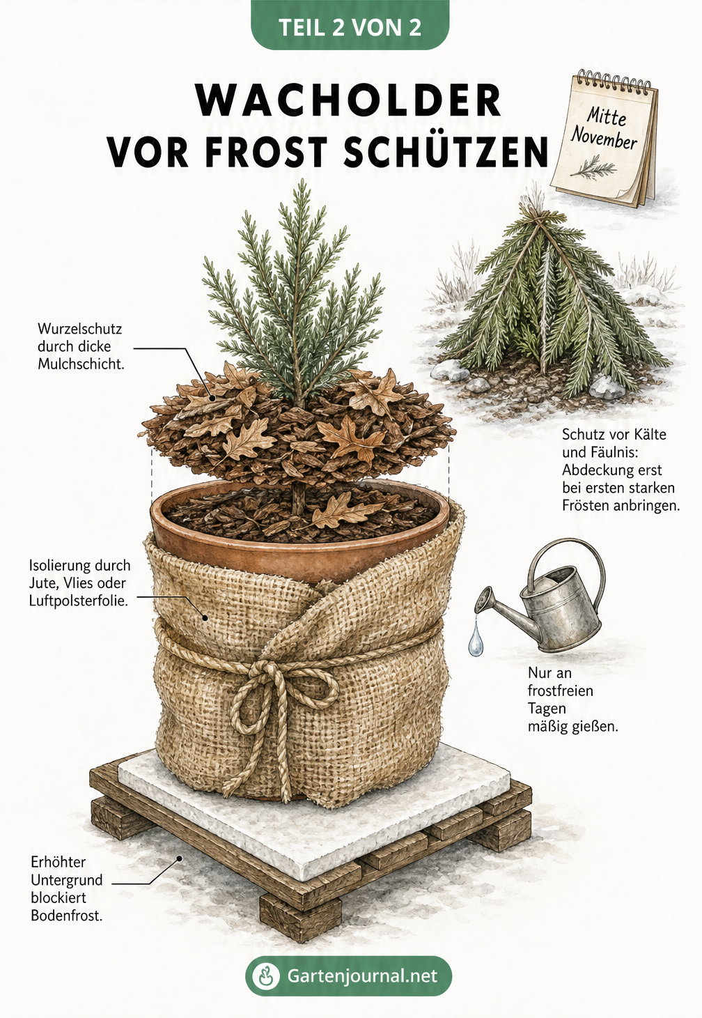Schnittgrafik eines jungen Wacholders im Topf mit Winterschutz durch Jute, Rindenmulch und isolierenden Untergrund.