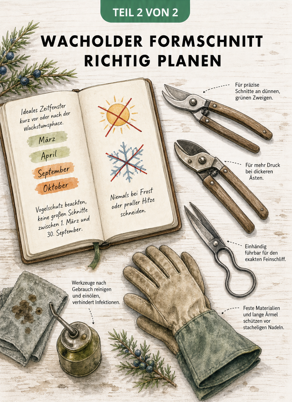 Illustration einer Werkbank mit Gärtner-Notizbuch, Gartenscheren und Handschuhen für den Wacholderschnitt