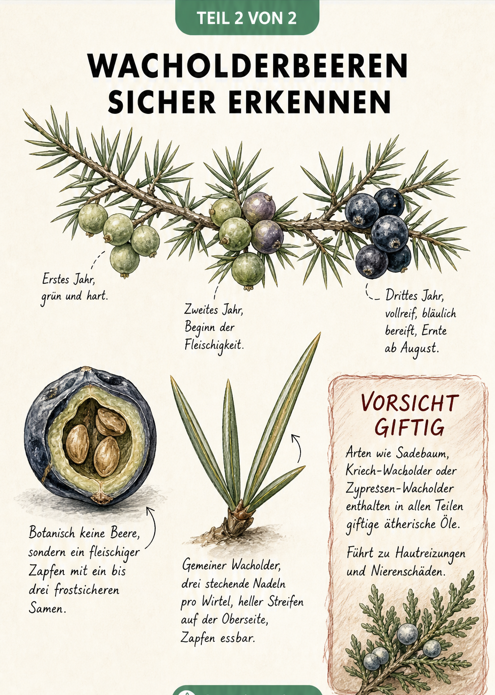 Botanische Lehrtafel eines Wacholderzweigs, die den dreijährigen Reifeprozess der Zapfen von grün bis dunkelblau zeigt, mit Warnung vor giftigen Arten.
