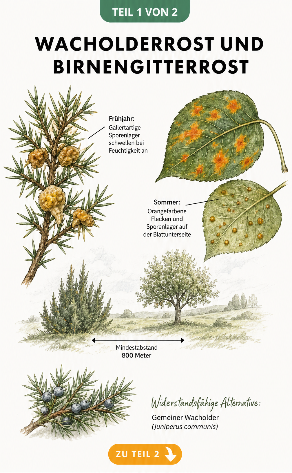 Botanische Lehrtafel zum Wirtswechsel des Wacholderrosts zwischen Wacholder und Birnbaum