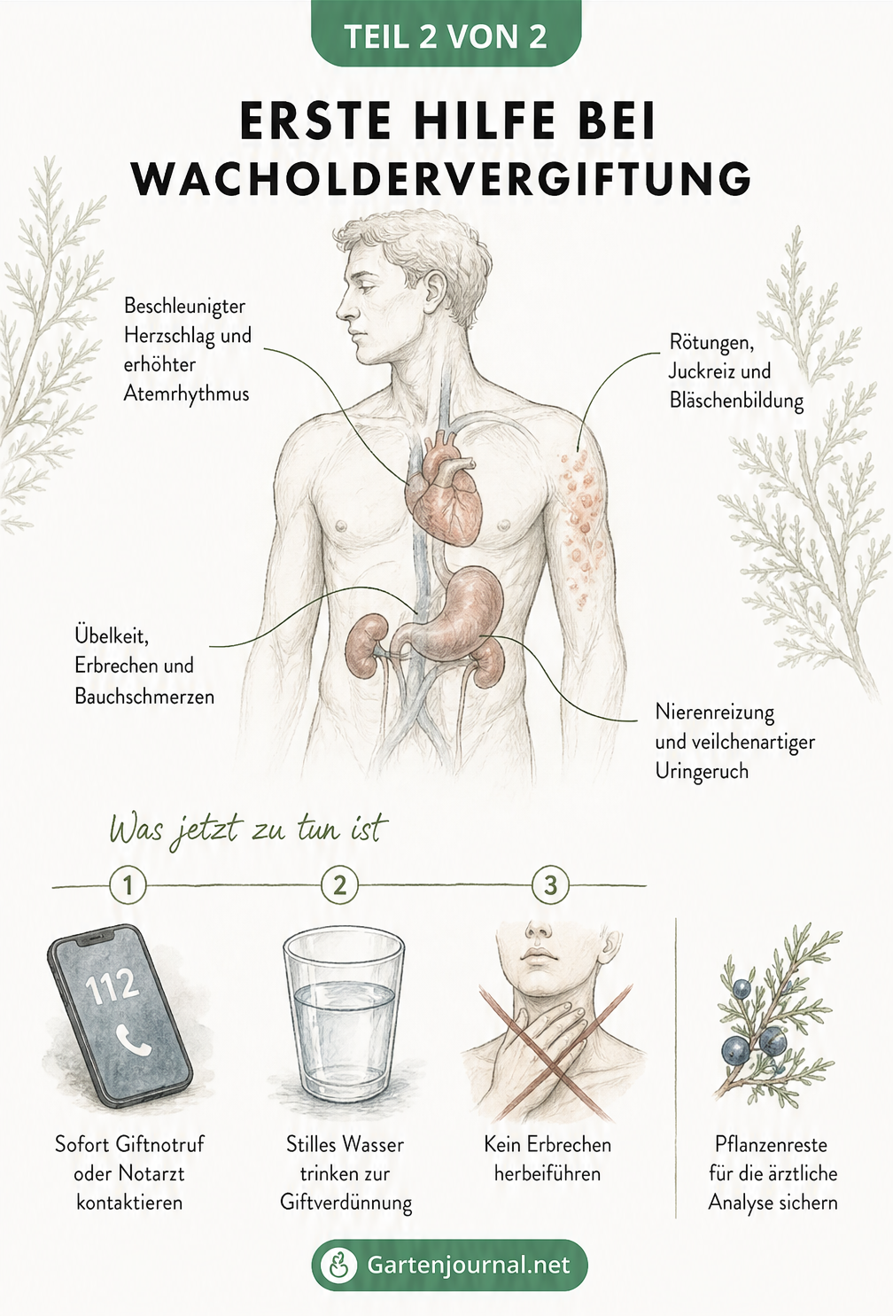 Anatomische Illustration der Symptome einer Wacholdervergiftung und Erste-Hilfe-Maßnahmen