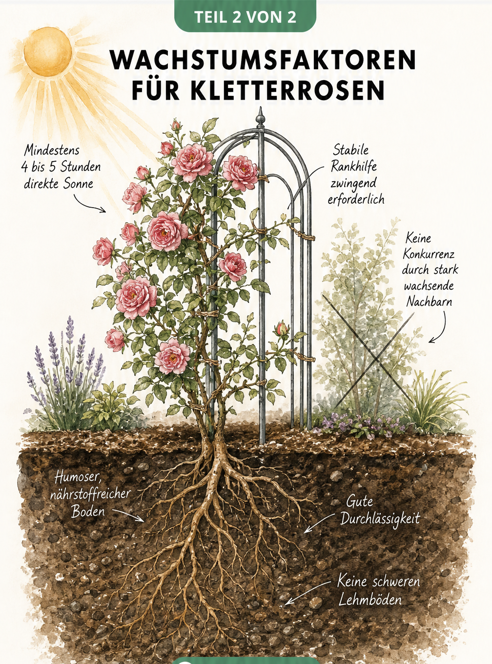 Querschnitt durch ein Gartenbeet mit einer Kletterrose am Rosenbogen, der Sonnenlicht, Rankhilfe und Bodenbeschaffenheit zeigt