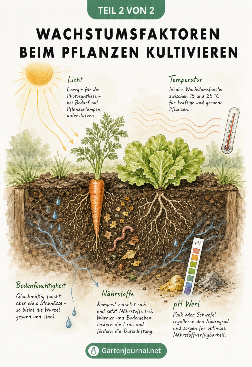 Querschnitt eines Gartenbeets mit Möhre und Salat sowie Darstellung von Licht, Temperatur, Wasser und Nährstoffen