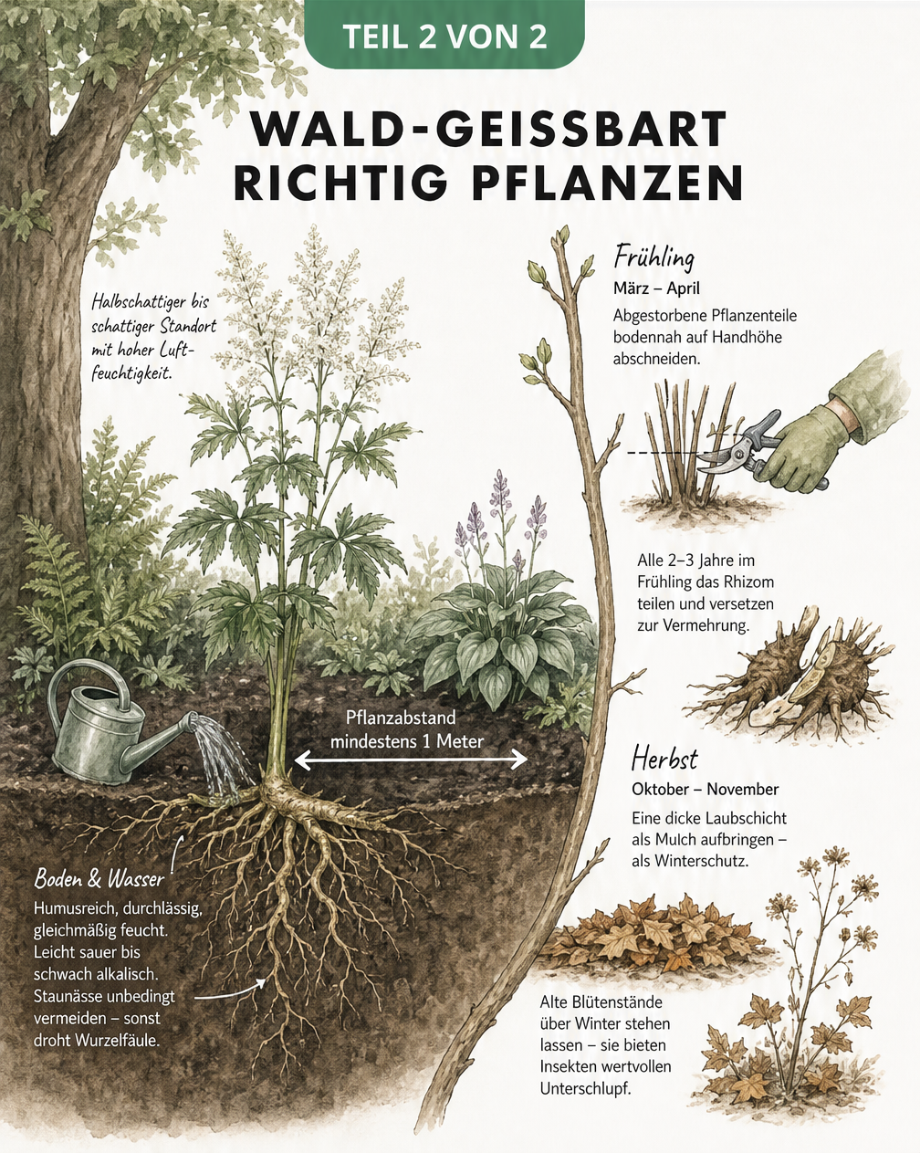 Querschnitt eines Gartenbeets am Gehölzrand mit Wald-Geißbart, Pflanzabstand und Pflegehinweisen