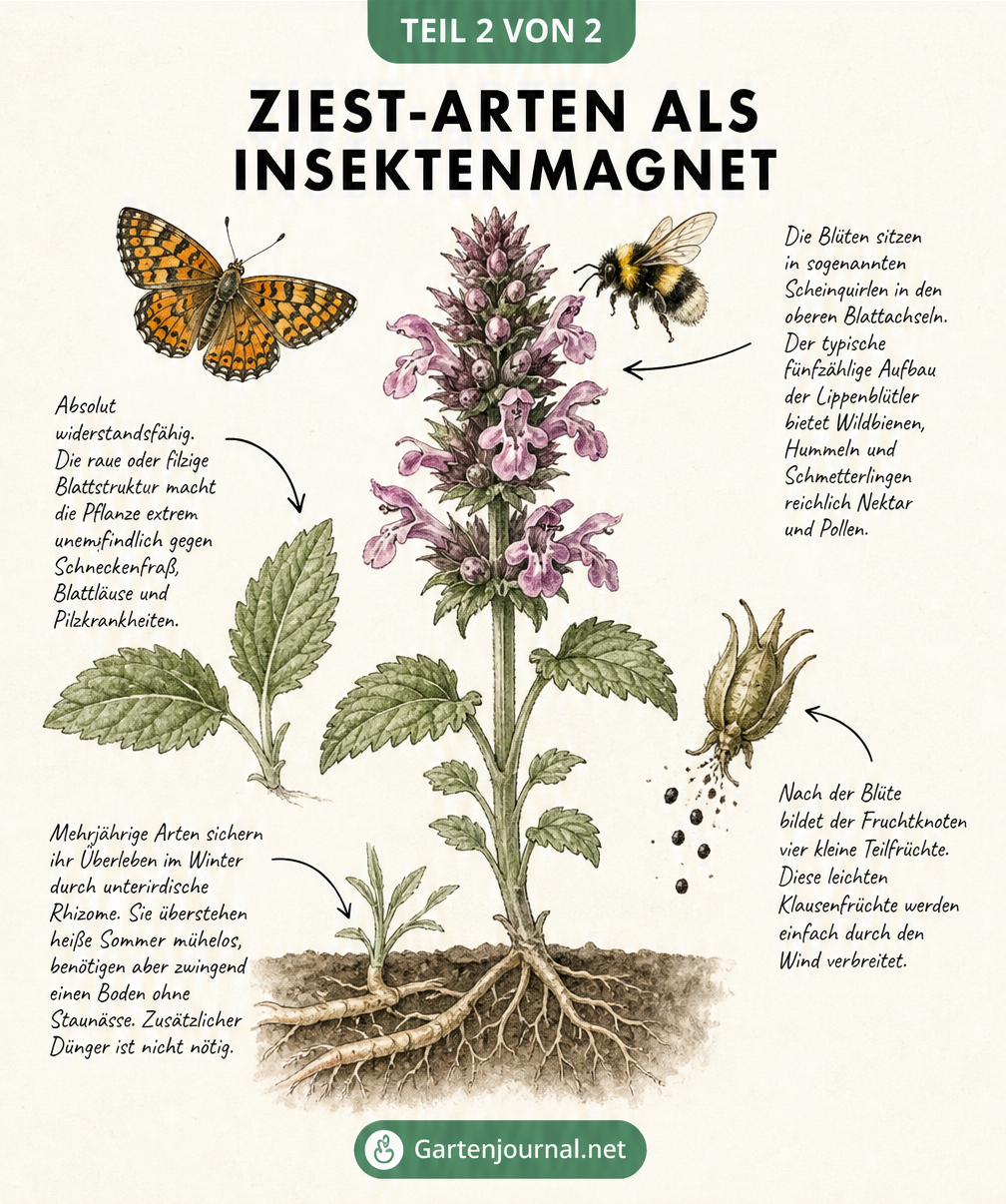 Anatomie des Wald-Ziests mit anfliegenden Wildbienen und Schmetterlingen, Details zu Blüten, Blättern und Wurzeln
