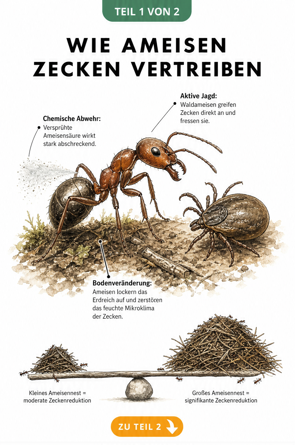 Illustration einer Waldameise, die eine Zecke mit Ameisensäure und Kieferzangen abwehrt