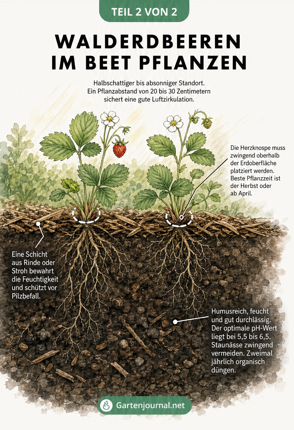 Querschnitt durch ein Gartenbeet mit zwei gepflanzten Walderdbeeren, Erdschichten und Mulch