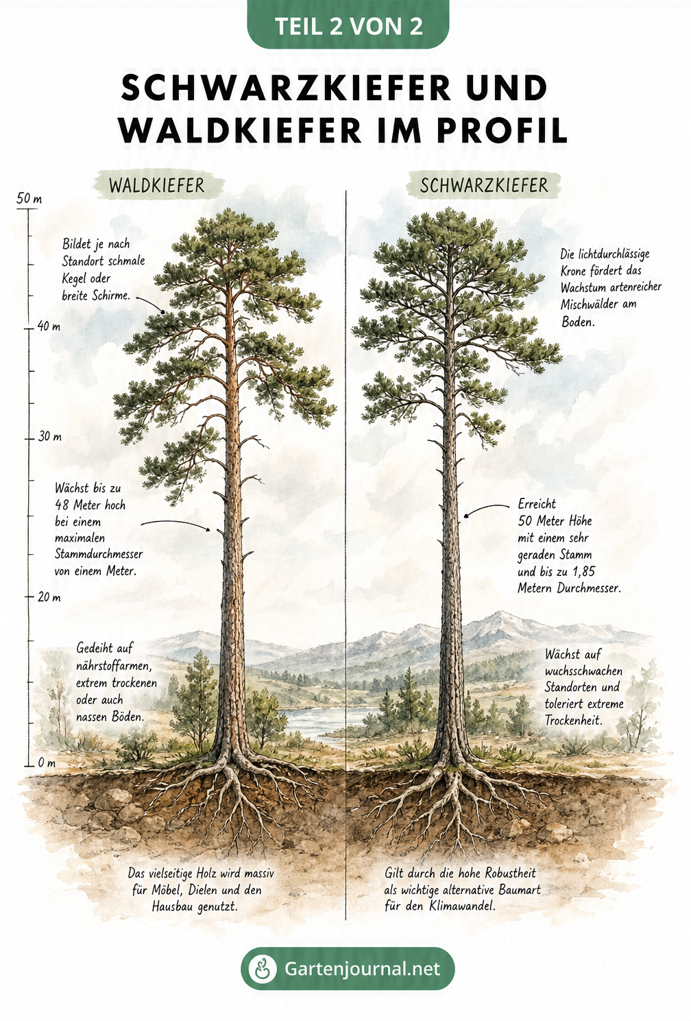 Landschaftsskizze mit Waldkiefer und Schwarzkiefer im Profil, die Wuchshöhe, Kronenform und Standortansprüche zeigt