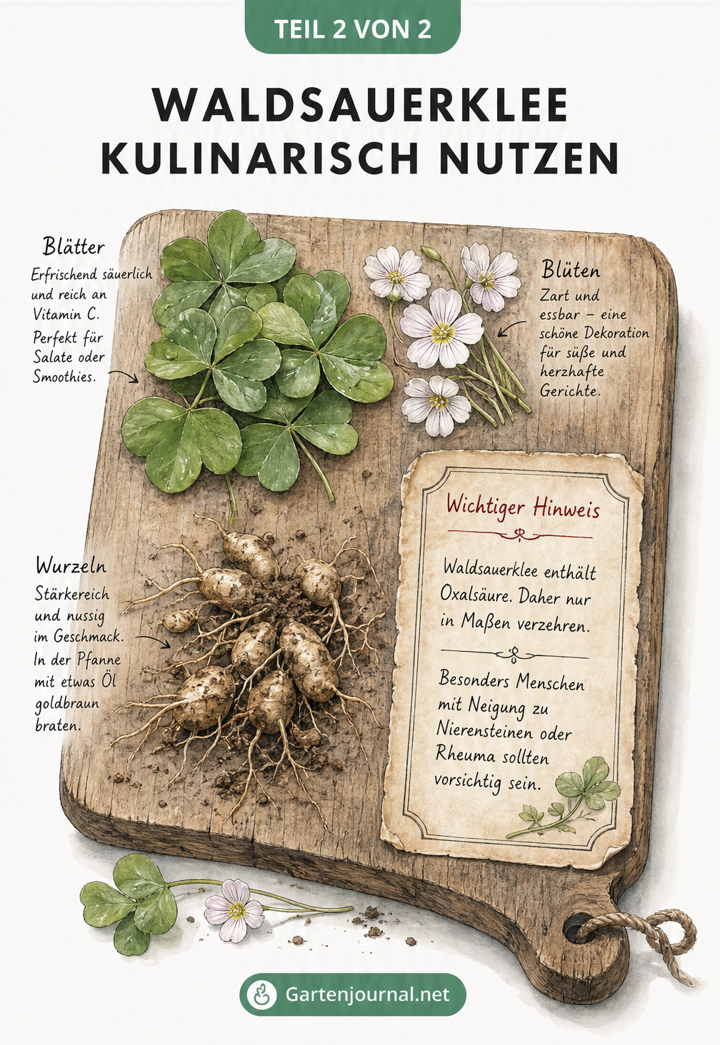 Illustration von Waldsauerklee-Blättern, Blüten und Wurzeln auf einem Holzbrettchen