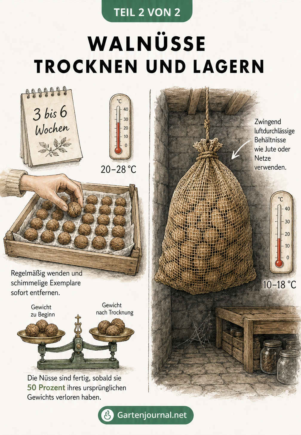 Illustration zur Trocknung von Walnüssen in einer Gitterkiste bei 20 bis 28 Grad und anschließender Lagerung im Jutesack bei 10 bis 18 Grad