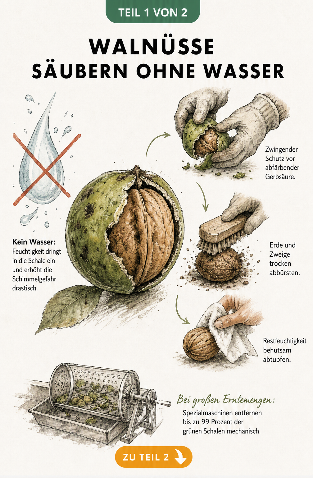 Illustration einer Walnuss mit durchgestrichenem Wasser und Anleitung zur trockenen Reinigung mit Handschuhen, Bürste und Tuch