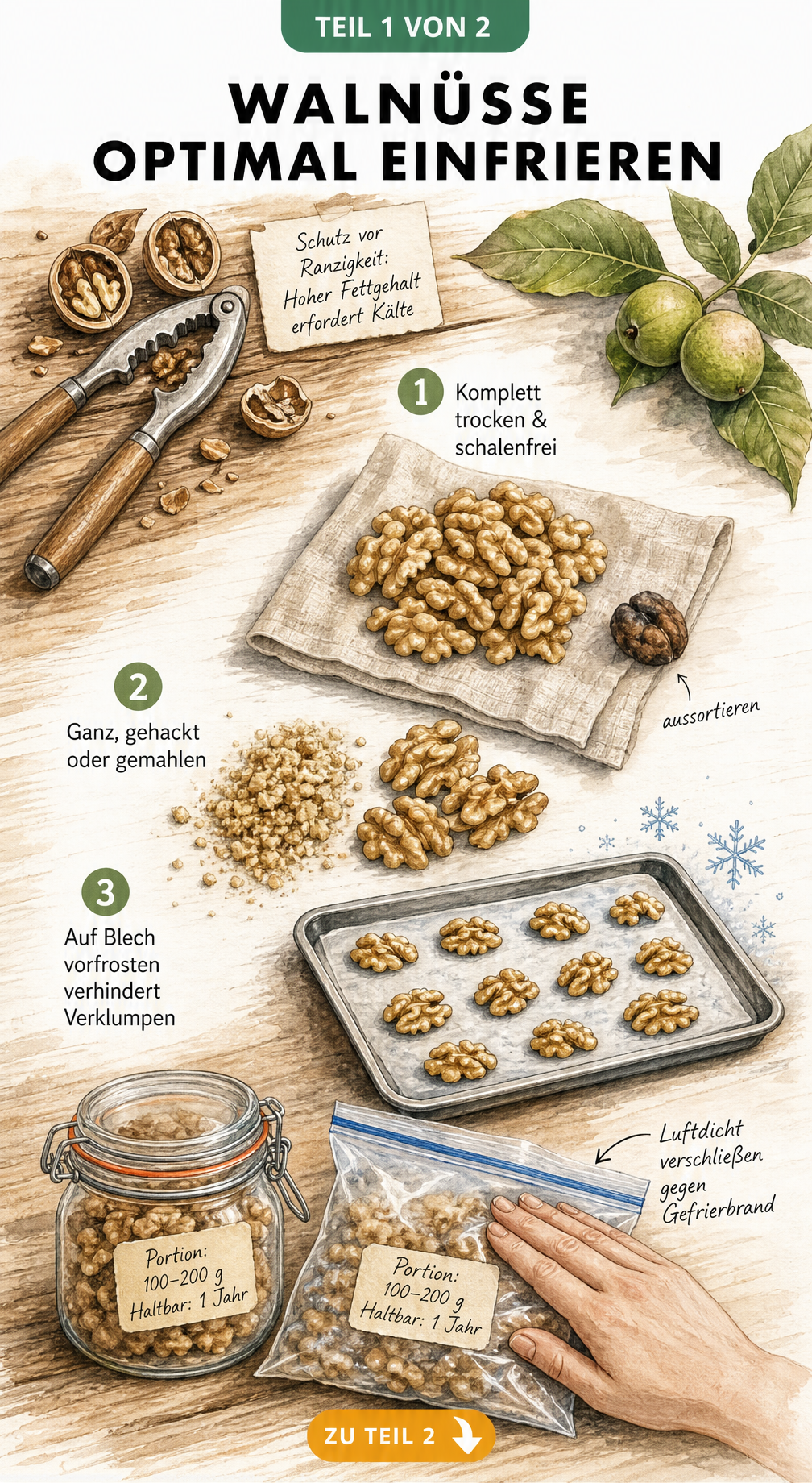 Illustration der Vorbereitung von Walnüssen zum Einfrieren: Vom Knacken über das Trocknen und Vorfrosten auf einem Blech bis zur luftdichten Verpackung.