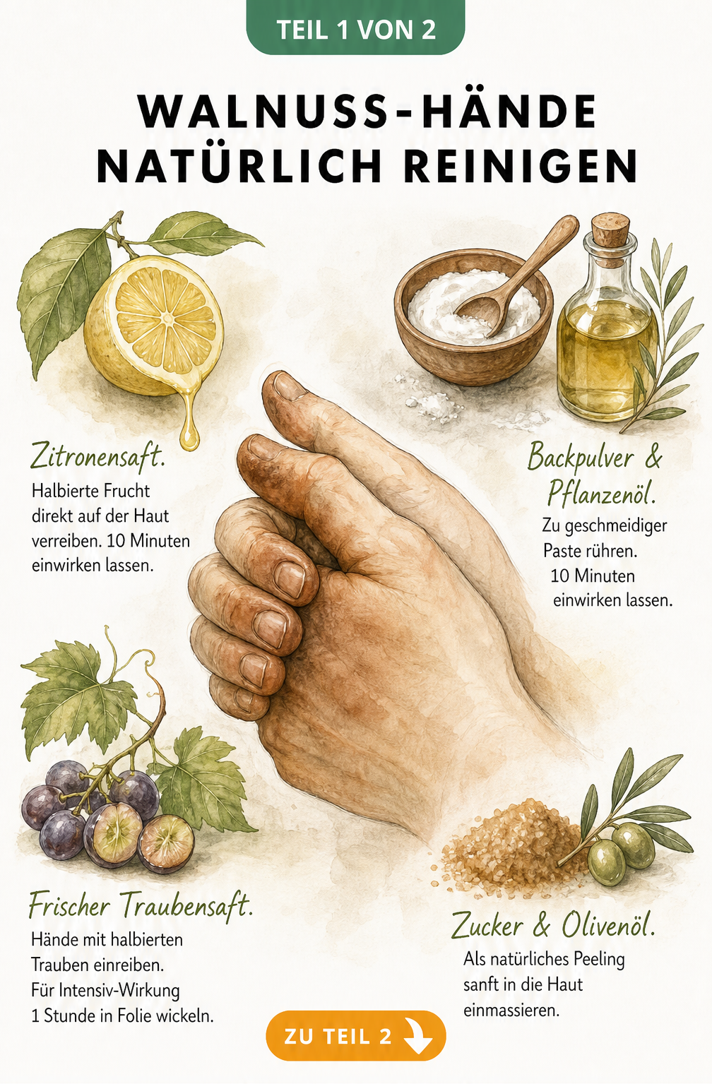 Illustration von Hausmitteln wie Zitrone, Backpulver, Traubensaft und Zucker mit Olivenöl zur Reinigung von Walnuss-Händen