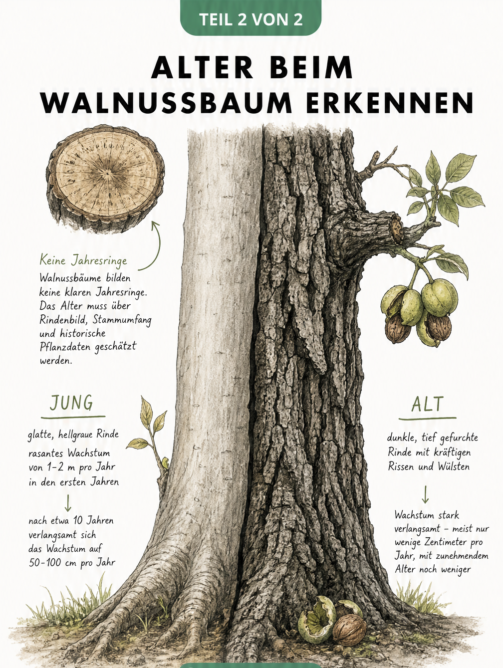 Illustration eines Walnussbaumstammes, der die glatte Rinde in der Jugend und die rissige Rinde im Alter vergleicht