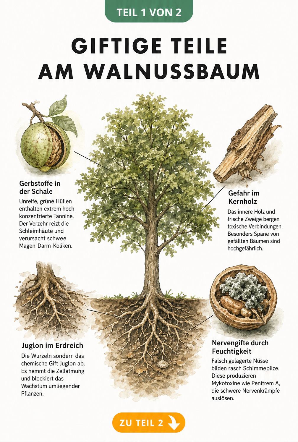 Botanische Illustration eines Walnussbaums mit Detailzeichnungen von Wurzel, grüner Nuss, Holz und schimmeliger Nuss, die giftige Teile zeigen.