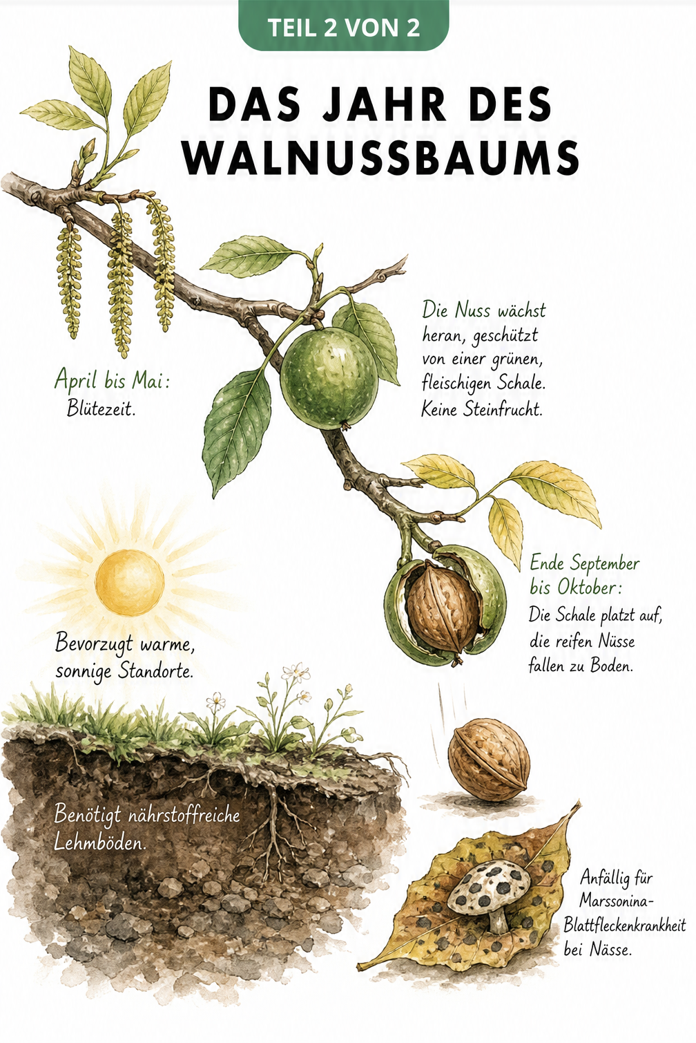 Illustration des Jahreszyklus eines Walnussbaums mit Blüte, Fruchtentwicklung und Standortansprüchen