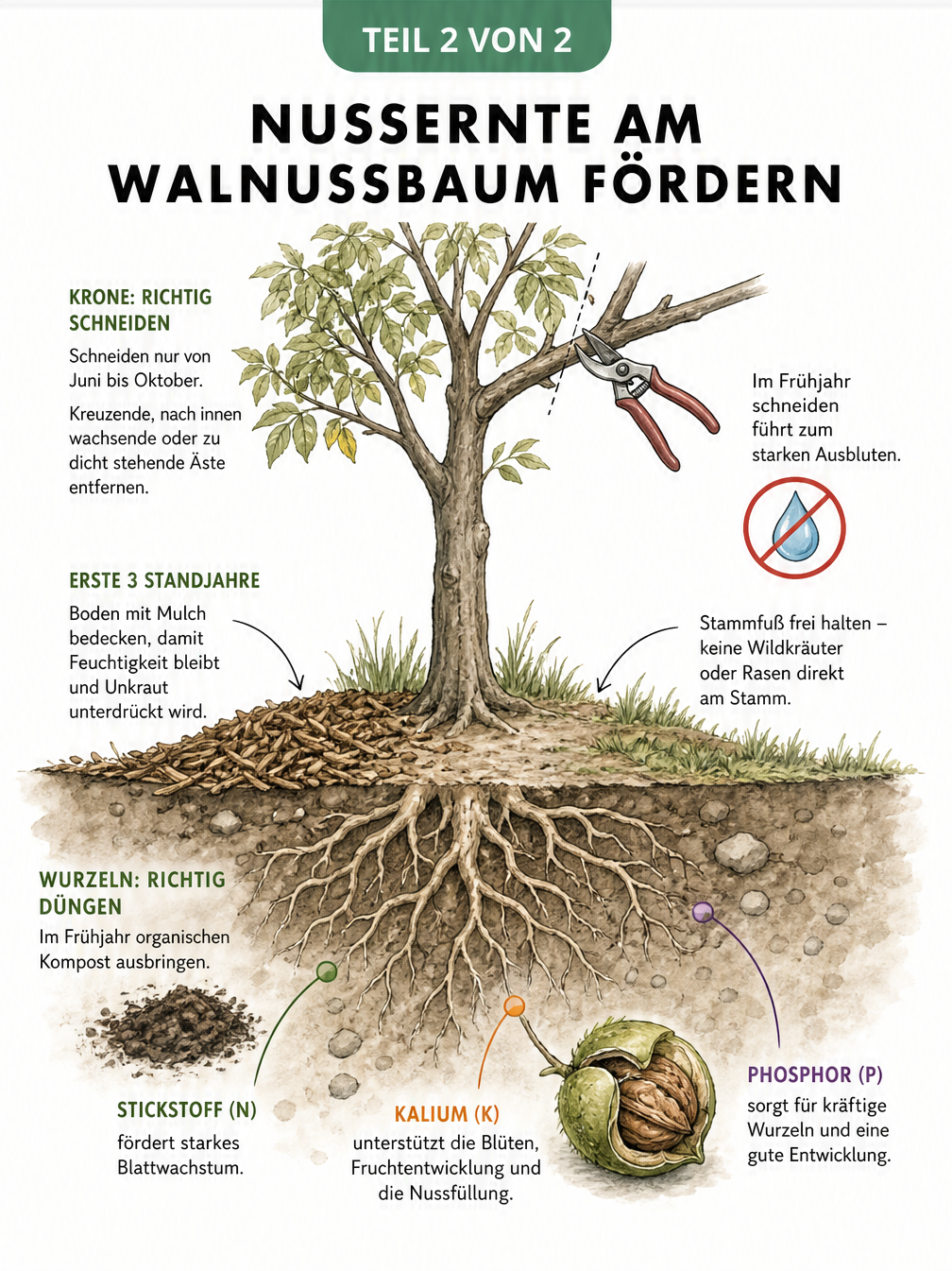 Illustration eines Walnussbaums vom Schnitt in der Krone über den gemulchten Stamm bis zu den Wurzeln mit Nährstoffbedarf.