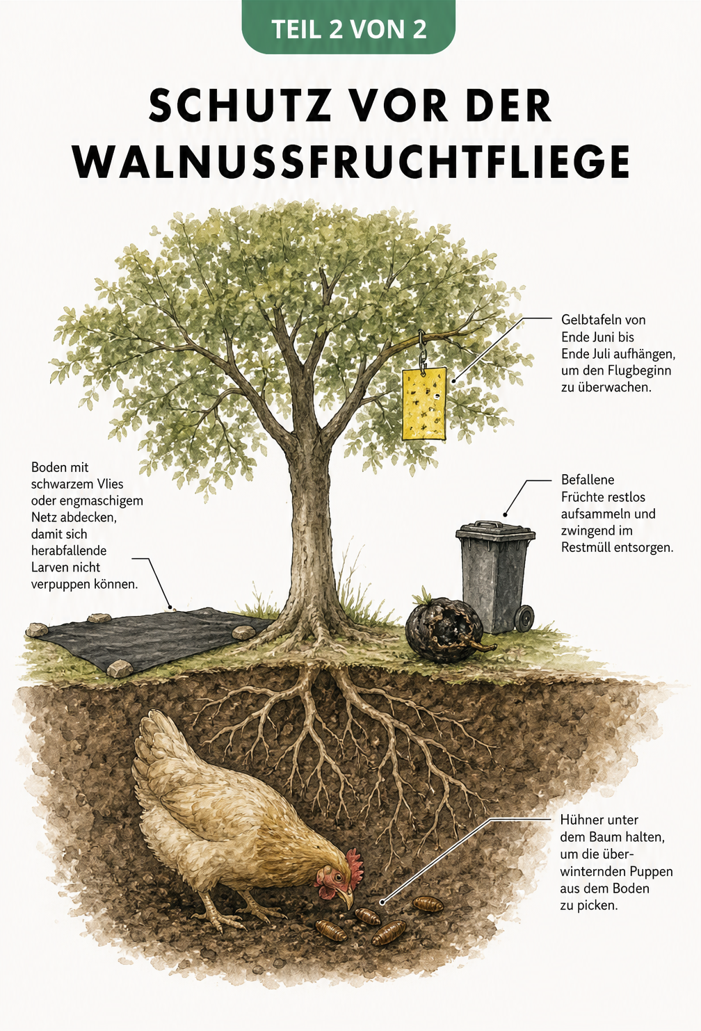 Schnittzeichnung eines Walnussbaums mit Maßnahmen gegen die Walnussfruchtfliege wie Gelbtafeln, Bodenvlies und Hühnern