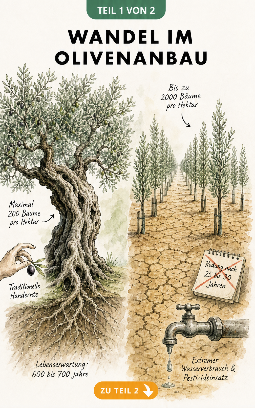 Illustration eines alten Olivenbaums im Vergleich zu einer modernen, dichten Olivenplantage