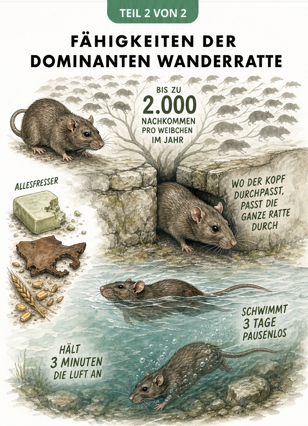 Illustration der Fähigkeiten der Wanderratte: Schwimmen, durch enge Spalten zwängen und hohe Vermehrungsrate