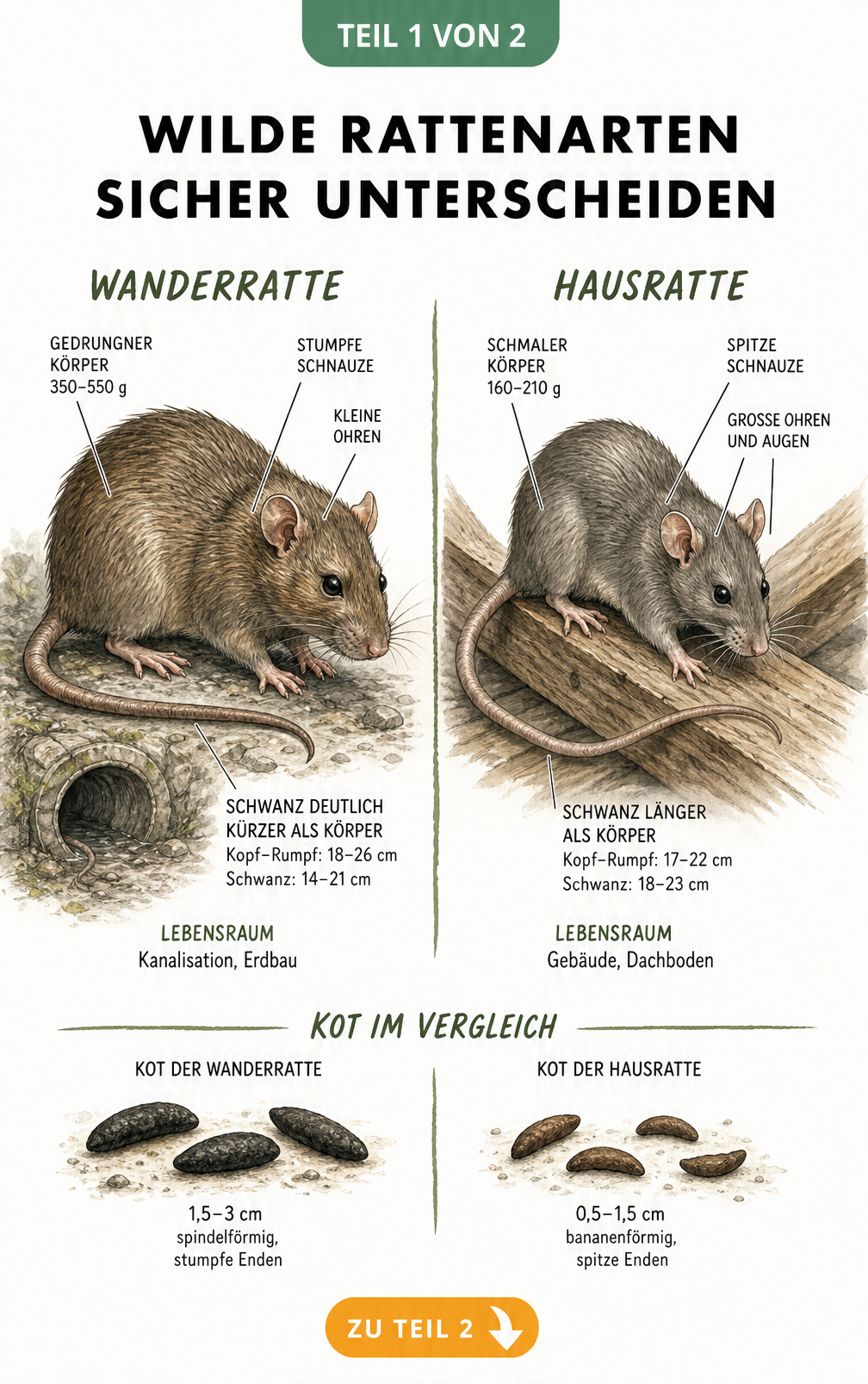 Vergleich von Wanderratte und Hausratte mit anatomischen Merkmalen und Kot-Unterschieden