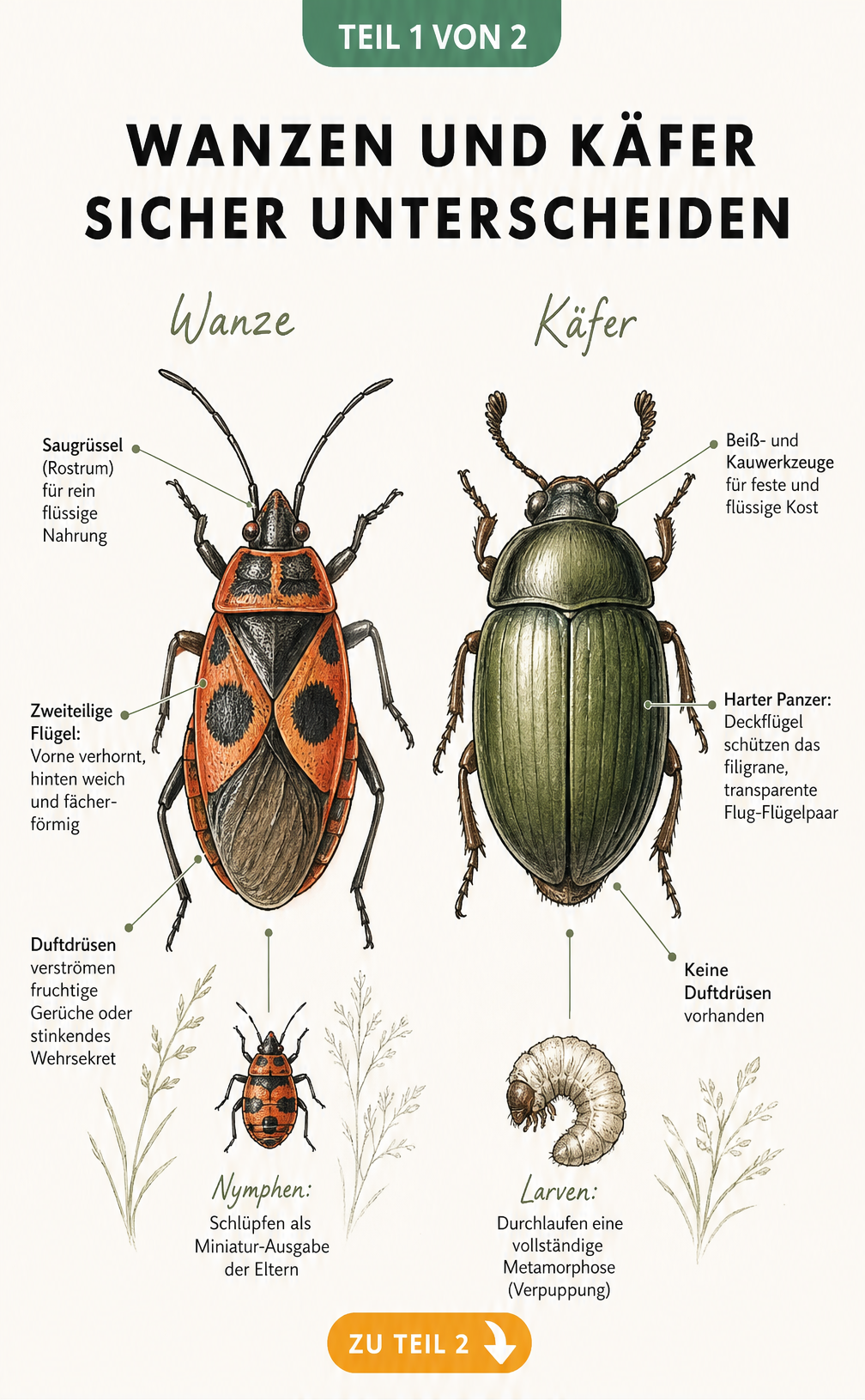 Illustration der Unterschiede zwischen Wanze und Käfer mit Fokus auf Mundwerkzeug, Flügel und Duftdrüsen