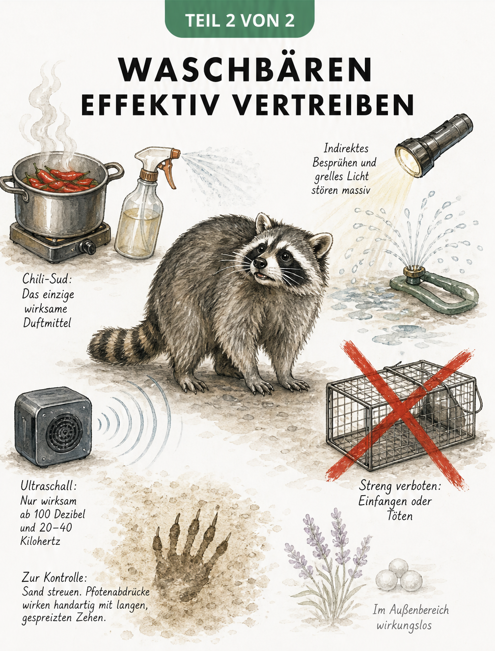 Illustration verschiedener Abwehrmethoden gegen Waschbären wie Chili-Sud, grelles Licht und Ultraschall