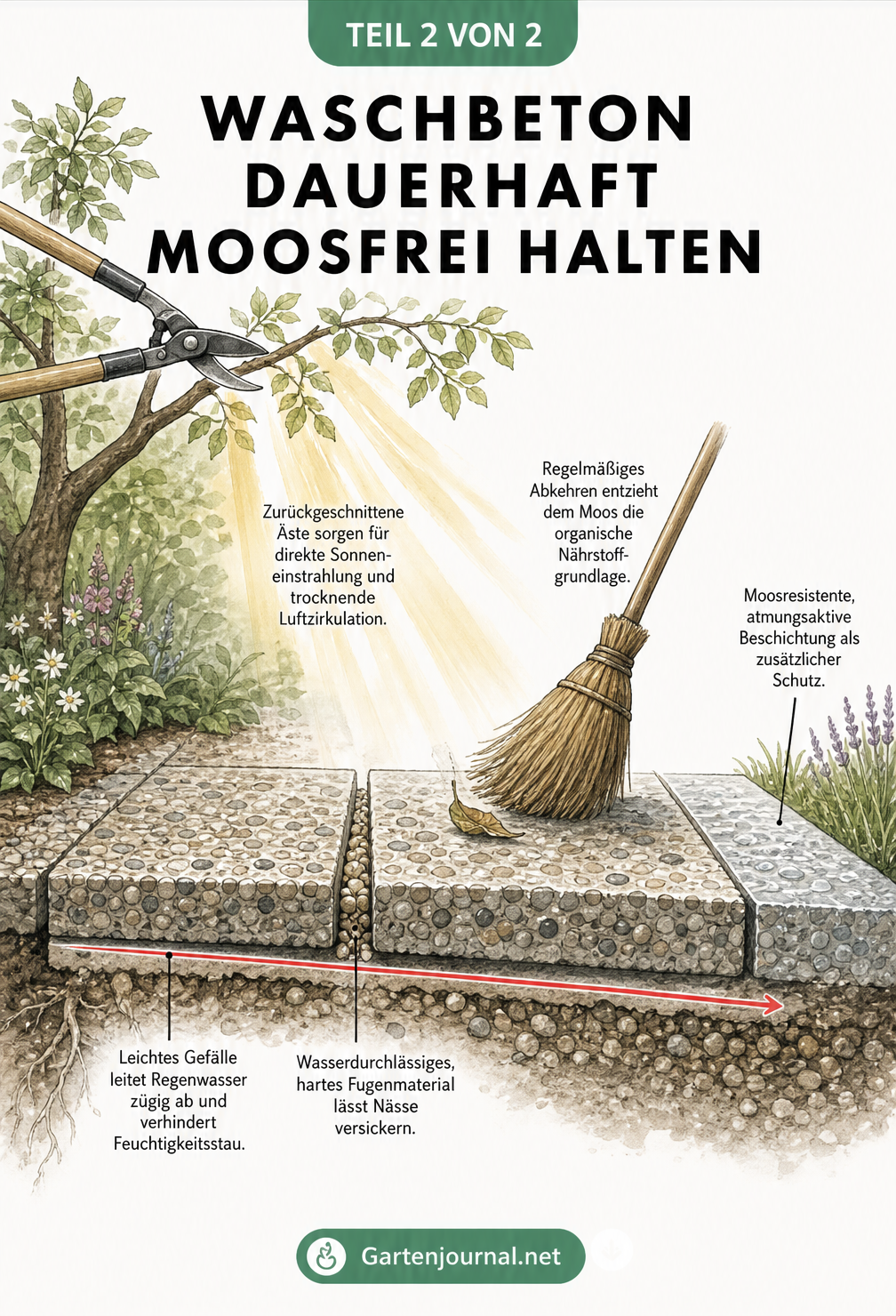 Querschnitt eines Gartenwegs aus Waschbetonplatten mit Maßnahmen zur Vorbeugung von Mooswachstum