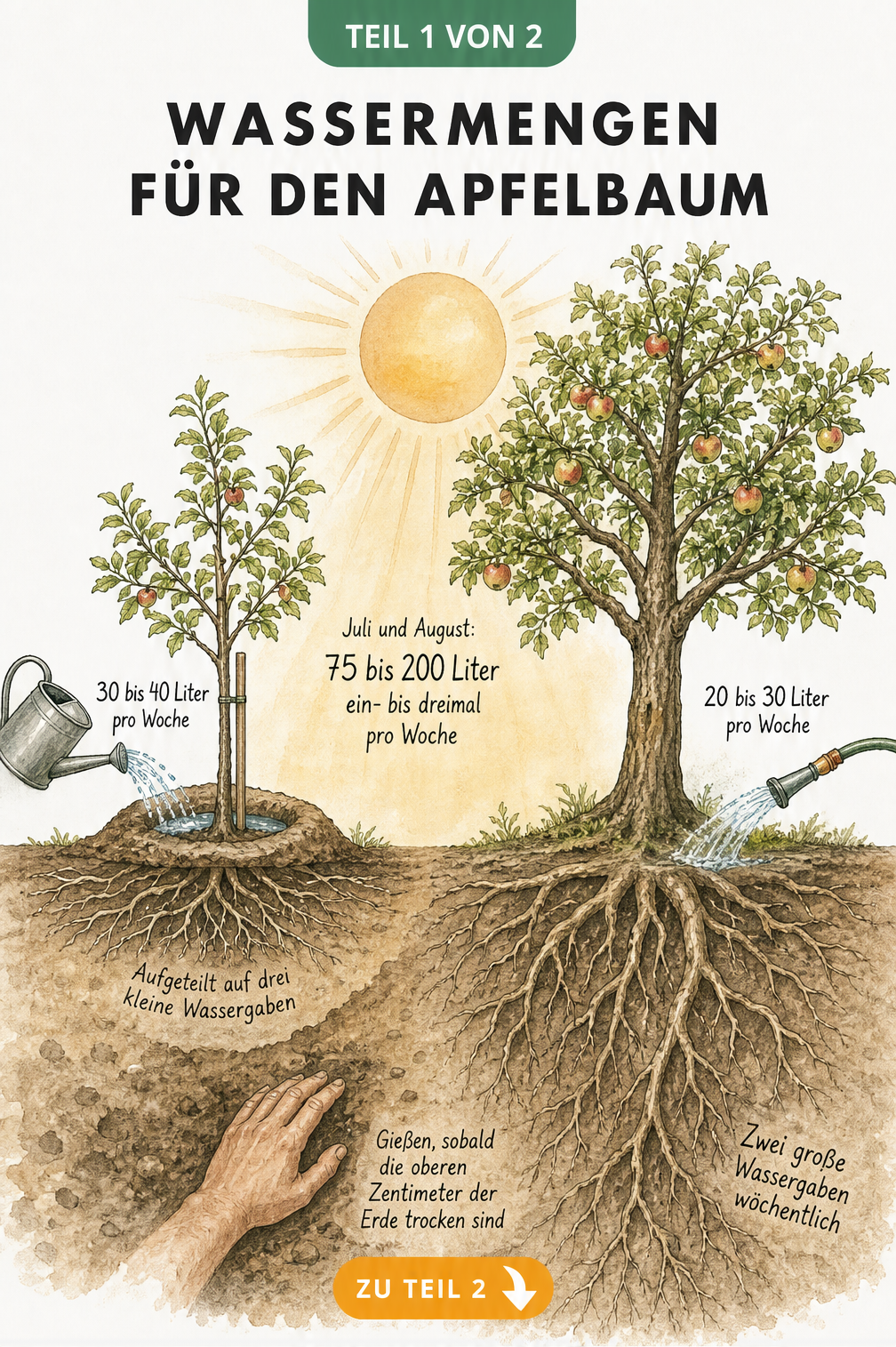 Illustration des Wasserbedarfs von jungen und alten Apfelbäumen mit Gießkanne und Schlauch