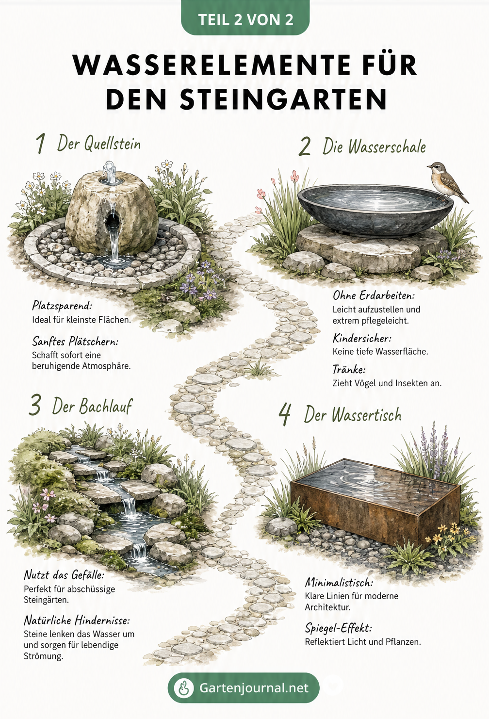 Vier verschiedene Wasserelemente für den Steingarten: Quellstein, Wasserschale, Bachlauf und Wassertisch