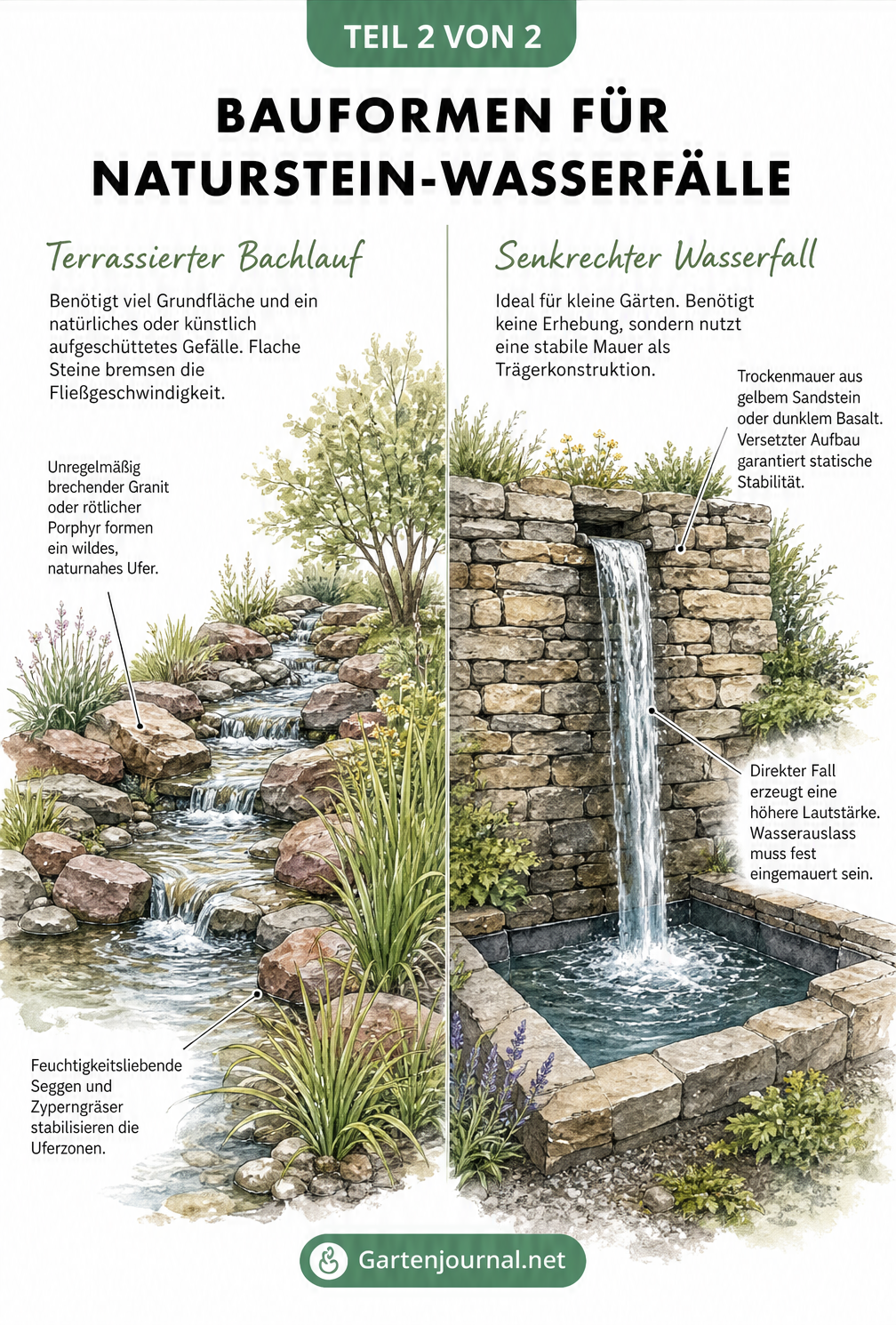 Vergleich zweier Wasserfall-Bauformen: flacher terrassierter Bachlauf und kompakter senkrechter Wasserfall
