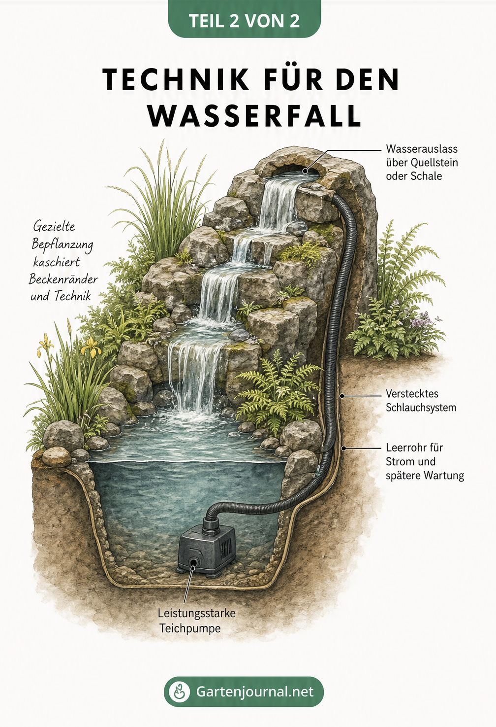 Querschnitt eines Gartenwasserfalls mit versteckter Teichpumpe, Schlauchsystem und Quellstein