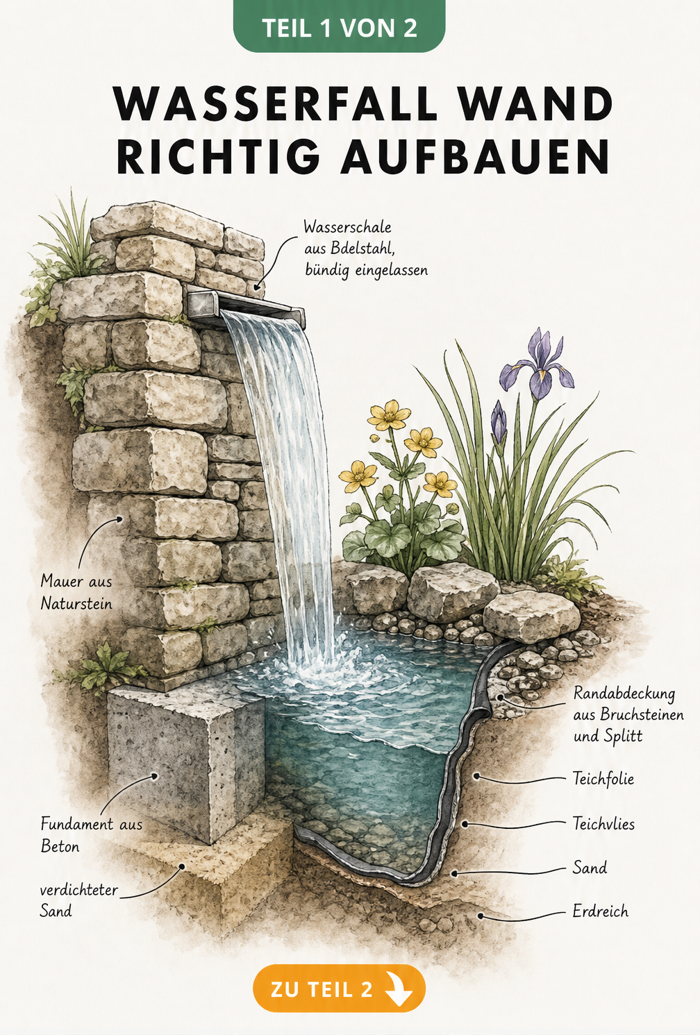 Querschnitt einer Wasserfall-Wand mit Fundament, Natursteinmauer, Wasserschale und Auffangbecken mit Teichfolie