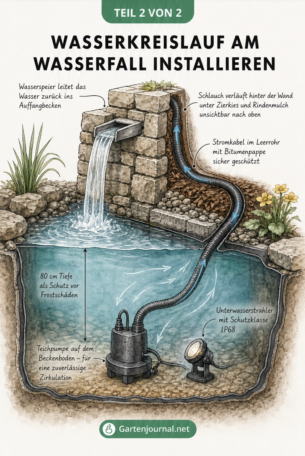 Illustration des Wasserkreislaufs an einem Wasserfall mit Teichpumpe, Schlauch, Stromkabel und Wasserspeier