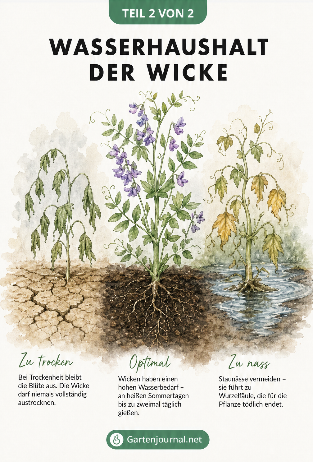 Aquarell-Zeichnung von drei Wicken-Pflanzen, die Trockenheit, optimalen Wasserhaushalt und Staunässe zeigen